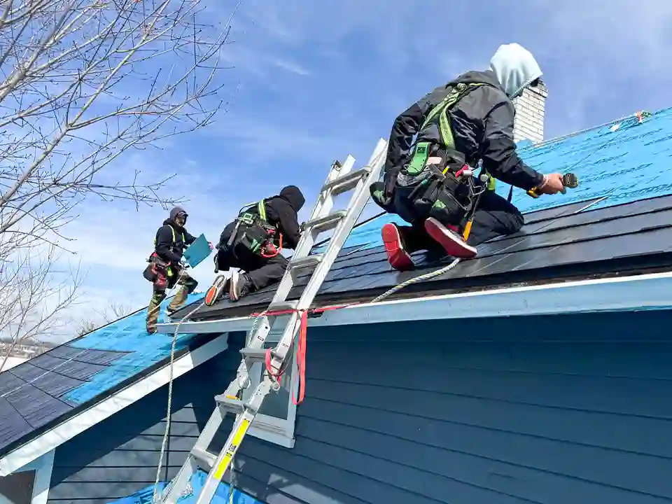 Bullarco crew installing shingles on a sloped roof in Peterborough