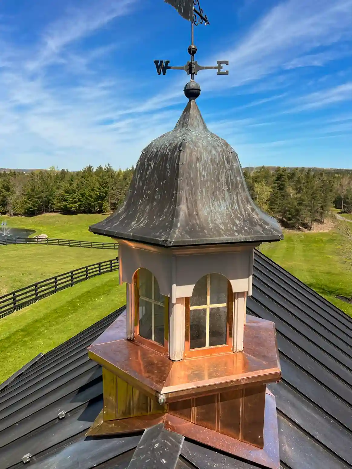 Copper cupola with verdigris patina in spring sun, Peterborough region